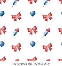 A seamless festive vector pattern featuring red bows, blue balloons, and striped fireworks rockets on a clean white background.