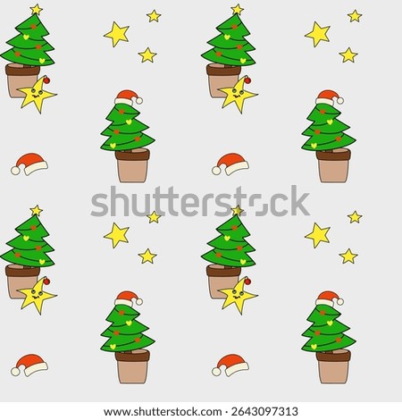 Seamless festive vector pattern featuring cute potted Christmas trees, Santa hats, and smiling stars on a light background. Ideal for children’s holiday designs, gift wrap, and seasonal products