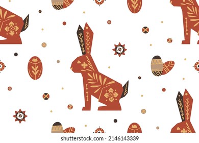 Seamless festive vector pattern with hares and easter eggs with folk art on white background. Scandinavian texture with bunnies and polka dots. Geometric animal fabric swatch