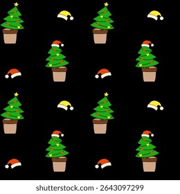 Padrão de vetor festivo contínuo com árvores de Natal envasadas, chapéus de Papai Noel amarelos e vermelhos sobre fundo preto. Design vibrante de férias perfeito para embrulho de presente de Natal, decoração infantil e impressão sazonal