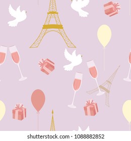 Seamless festive, wedding, vector illustration of the Eiffel Tower, champagne, pigeons, gifts. For decorating textiles, packaging and web design.