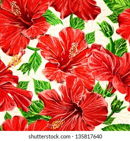 Seamless fhibiscus flowers pattern, hand-drawing. Vector, EPS 10