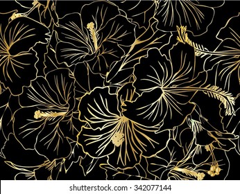 Seamless fhibiscus flowers pattern, hand-drawing. Vector, EPS 10