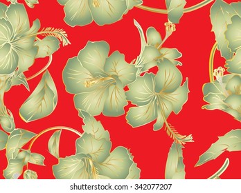Seamless fhibiscus flowers pattern, hand-drawing. Vector, EPS 10