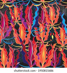 Seamless fiery floral pattern on a dark background. Sample design for fabric or wallpaper