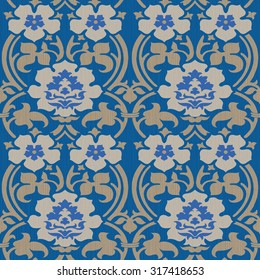 Seamless Fifteenth Century Tapestry Inspired Floral Damask Background Pattern