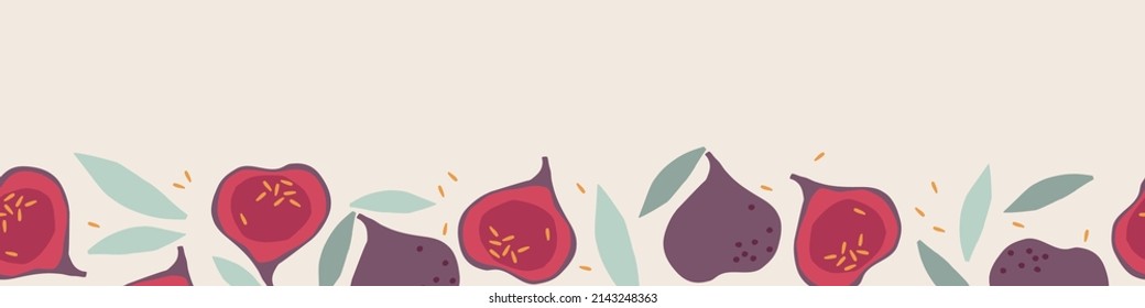 Seamless fig border. Fruits with leaf hand drawn sketch isolated. Whole fruit and cut half. Silhouette vector illustration for wallpaper. Food template for menu, juice label, nursery design.