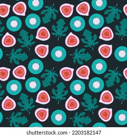 Seamless fig kiwi pattern. Tropical vector illustration. Exotic fruit slices and green leaves. Sweet botanical print for wrapping paper, food package, menu design, wallpaper, fabric. Hand drawn doodle