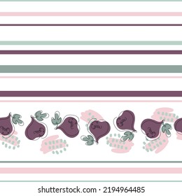 Hija sin soldadura con bordes de formas orgánicas. Fruta con boceto dibujado a mano en hoja aislado en ilustración vectorial de fondo a rayas en colores pastel. Plantilla para menú, papel tapiz, textil, papel envolvente