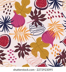 Seamless fig pattern. Whole figs and pieces with tropical leaves. Vector botanical background