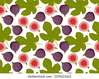 Seamless Fig pattern. Whole and half figs, leaf on white. Summer tropical fruit for healthy lifestyle. Repeated Vector Food template for menu, wallpaper, wrapping, packing, textile, scrapbooking