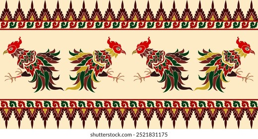 Seamless fighting chicken pattern fabric Thai style  on yellow background. Trendy print. Fantasy print, great design for any purposes.Vector,illustration. 