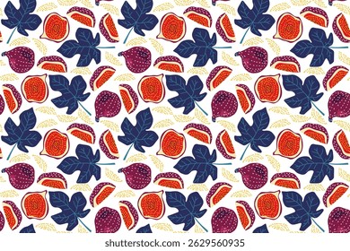 Seamless Figs pattern with fruits and leaves. Fig background with organic farm food. Hand drawn summer vector illustration for Menu, packaging, advertising. Harvest background. Tropical Fresh fruits