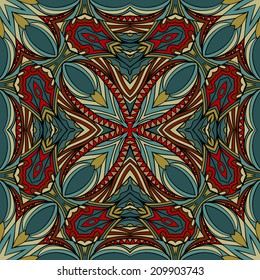 Seamless filigree ethnic pattern. Abstract feathers and geometric elements on tribal ornament. Vintage colors. Endless background. Vector is EPS8, elements are grouped by colors.