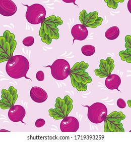 Seamless filled beetroot pattern. Sugar beet. Vegetable illustration. Vegetables and vegetarianism. Beetroot background.