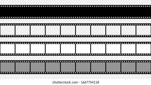 Seamless film strips on transparent background. Vintage cinema and photo tape. Retro film strips.