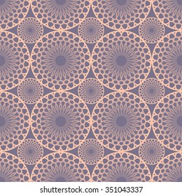Seamless fine pink lace patterns in vintage style. Circle shapes on purple background. 