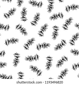 Seamless fir branch pattern for merry Christmas decoration. Winter holiday hand drawn coniferous background. Vector isolated illustration.