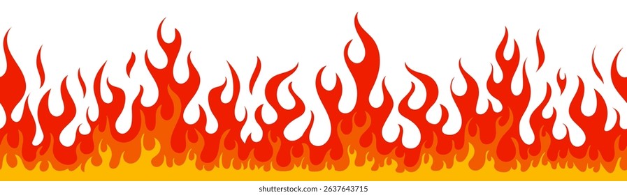 Seamless fire border. Cartoon flame frame pattern. Hot flaming trail, wildfire banner background. Orange burning fired borders seamless campfire. Flammable frames. Vector illustration.