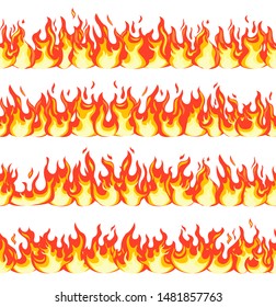 Seamless fire flame. Dangerous flaming pattern, flammable line blaze. Hot temperature firewall borders cartoon vector texture