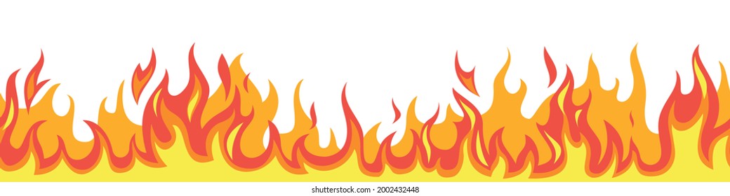 Seamless fire flame. Flaming pattern. Flammable horizontal line. Red and yellow blaze. Decorative burning mockup. Cartoon fiery tattoo template. Hot temperature. Vector illustration