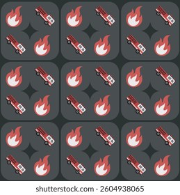 Seamless firefighter-themed pattern with rounded squares featuring fire trucks and flame icons on a dark background. Perfect for safety, emergency services, and firefighting-related designs.