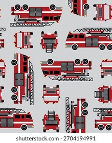 Modelo inconsútil del camión de bomberos. Ilustración repetitiva con vistas frontales, traseras y laterales del vehículo de emergencia sobre un fondo gris. Impresión textil de la ropa.