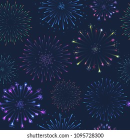 Seamless firework pattern, salute on dark background, vector celebratory gunfire