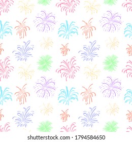 Seamless fireworks colorful pattern, bright colored explosions on white background, graphic backdrop template, celebration concept, holiday illustration.