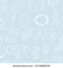 Seamless First Communion pattern with religious symbols. Perfect for backgrounds, packaging, or fabric designs related to spiritual occasions.