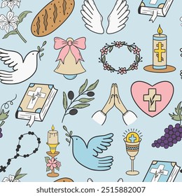 Seamless First Communion pattern with religious symbols. Perfect for backgrounds, packaging, or fabric designs related to spiritual occasions.