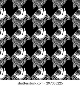 Seamless fish background. Black and white. Vector illustration
