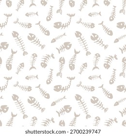 Seamless fish bone pattern in soft beige tones. Minimal marine design with simple clean lines. Perfect for fabric, wrapping paper, or kitchen decor.