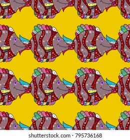 Seamless. Fish doodle style. Vector illustration. Handdrawn. Fishes on yellow, pink and red.