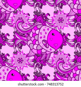 Seamless fish and floral vintage. Vector Cute fabric pattern. Colour Spring Theme seamless pattern Background. Flat Flower Elements Design.