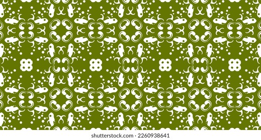 Seamless fish and flower pattern. Seamless vector background. White and green fish and flower ornament. Editable pattern vector