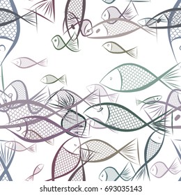 Seamless fish illustrations background abstract, hand drawn. Cartoon style vector graphic.
