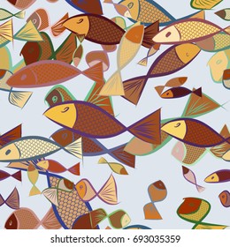 Seamless fish illustrations background abstract, hand drawn. Cartoon style vector graphic.