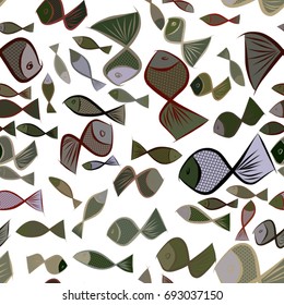 Seamless fish illustrations background abstract, hand drawn. Cartoon style vector graphic.