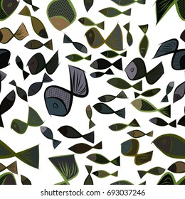 Seamless fish illustrations background abstract, hand drawn. Cartoon style vector graphic.