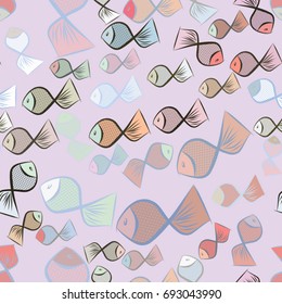 Seamless fish illustrations background abstract, hand drawn. Cartoon style vector graphic.