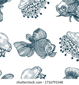 seamless fish and jellyfish pattern, hand drawing vector illustration
