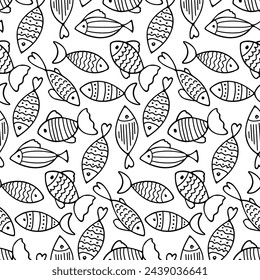 Seamless fish pattern. Abstract Fish doodle Sketch vector icons background. Black white hand drawn fish pattern. Varieties cartoon fishes for children's wallpaper, fabrics, scrapbooking, wallpaper.