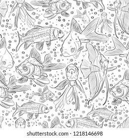 seamless fish pattern. aquarium. marine life. illustration on a white background. sketching style