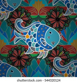 Seamless fish pattern background. Colorful doodles fish. Vector. Radial gradient shape.