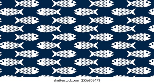 Seamless fish pattern background. Vintage repeat engraving style ornament with fish, Design element for branding and cafe menu. 