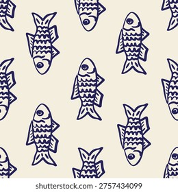Seamless fish pattern, coastal textile background, marine organic design