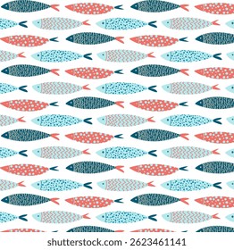 Seamless fish pattern with colorful hand drawn sea animals, cute marine background for fabric, kitchen textile and wrapping design. Nordic Fish Seamless Pattern. Naive ocean pattern