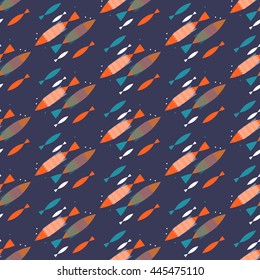 Seamless fish pattern. Colorful fish illustration, vector. Marine graphic illustration. Underwater ocean wildlife background. Can be used in textiles, as a wrapping paper. Modern decorative art.