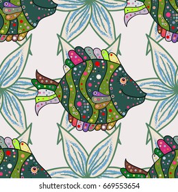 Of a seamless fish pattern in colors. Ink drawn style. Vector illustration.